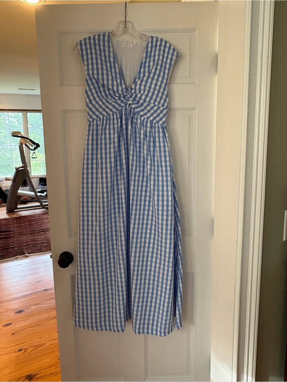 TCEC Blue and White Gingham Twist-Front Maxi Dress